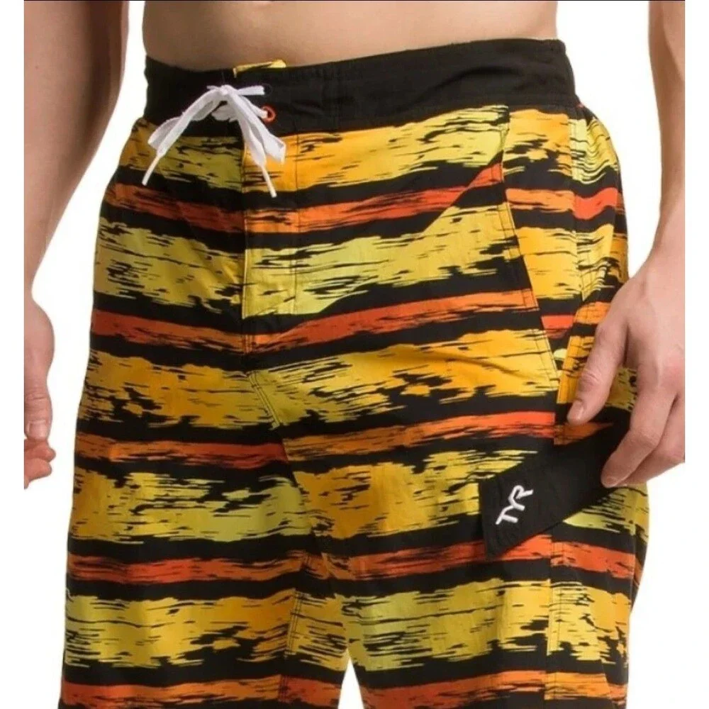 TYR Men's Swim Board Shorts Gold/orange Striped Mesh Size M New